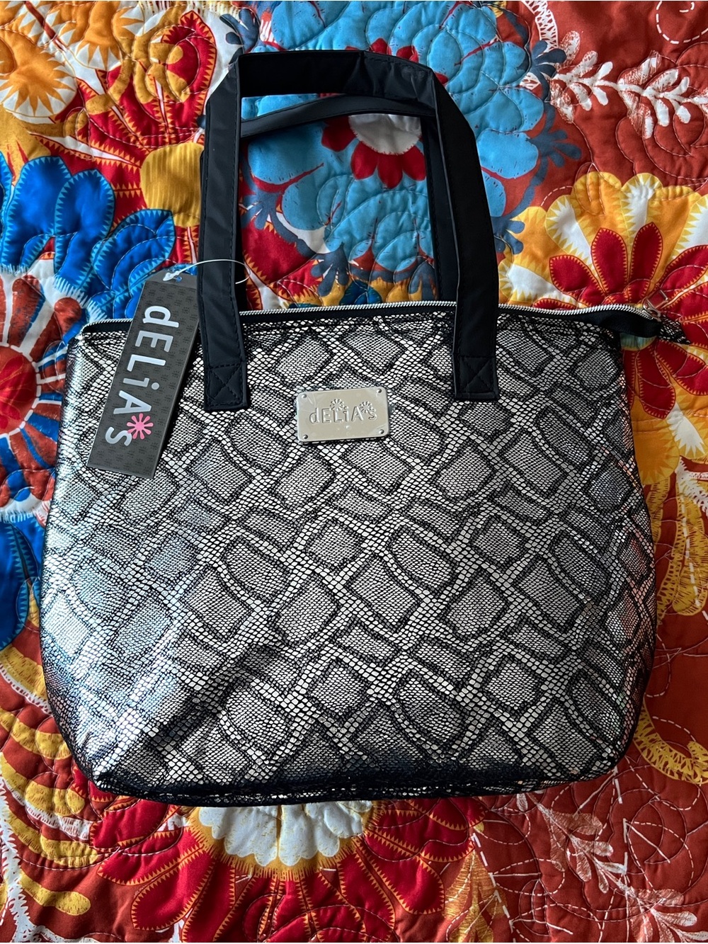 dELiA*s Metallic Snake Print Lunch Tote Bag - Silver/Black